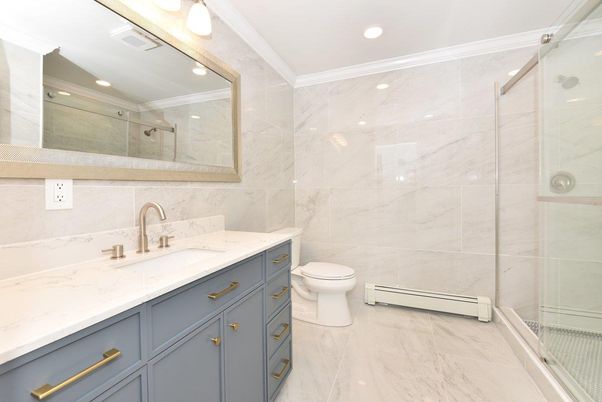 Bathroom, Glass Shower, Interior, Marble, Marble Walls, Recessed Lighting