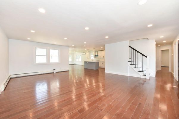 Empty room, Interior, Kitchen, Pendant Lights, Recessed Lighting, Wood Texture Flooring