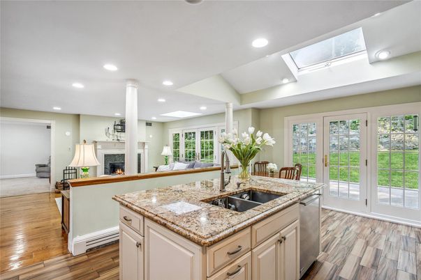 Fireplace, Interior, Kitchen, Recessed Lighting, Wood Texture Flooring