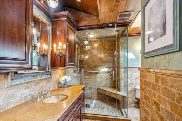 Bathroom, Glass Shower, Interior, Stone Walls, Wooden Ceilings