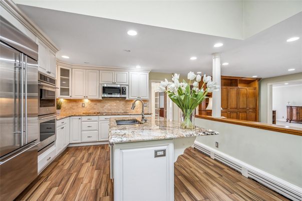 Interior, Kitchen, Recessed Lighting, Stainless Steel Appliances, Wood Texture Flooring