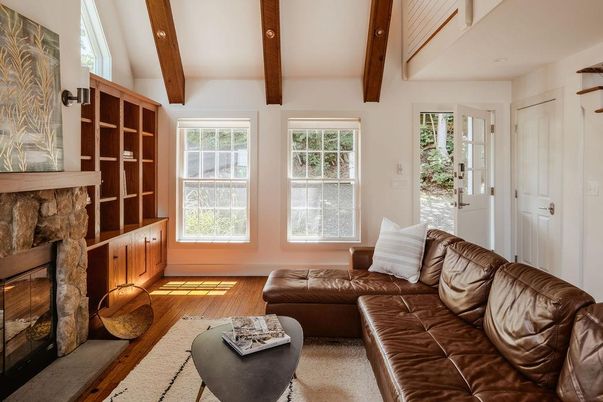 Fireplace, Interior, Living room, Recessed Lighting, Wooden Beams, Wood Texture Flooring