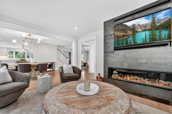 Dining room, Fireplace, Interior, Living room, Pendant Lights, Recessed Lighting, Wood Texture Flooring