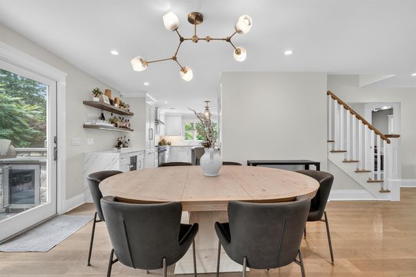 Dining room, Interior, Pendant Lights, Recessed Lighting, Wood Texture Flooring