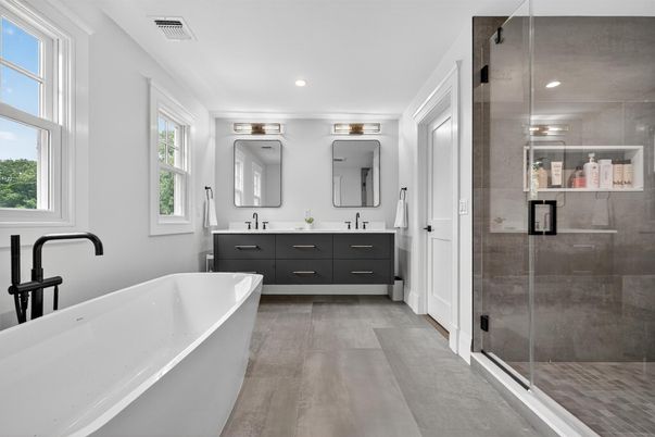 Bathroom, Dual Sink Vanities, Free Standing Baths, Glass Shower, Interior, Recessed Lighting