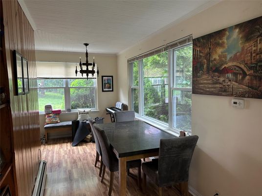 Dining room, Interior, Living room, Pendant Lights, Wood Texture Flooring