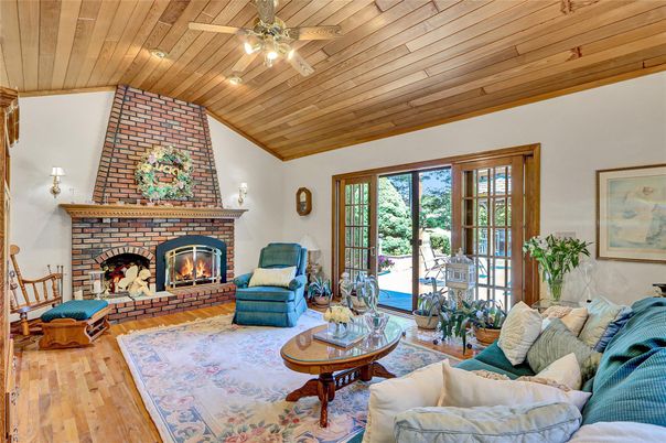 Fireplace, Interior, Living room, Recessed Lighting, Stone Walls, Wooden Ceilings, Wood Texture Flooring