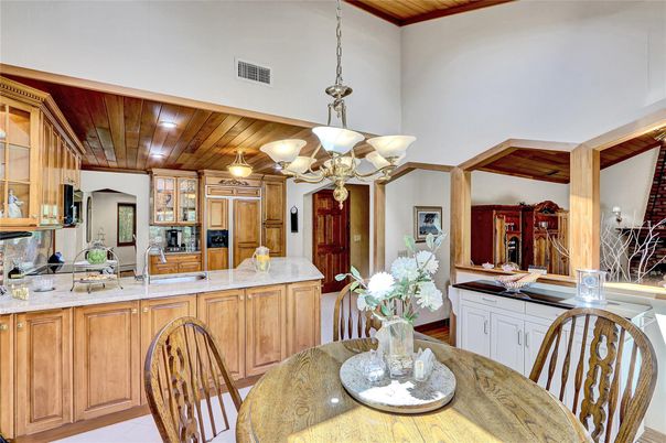 Chandelier, Dining room, Interior, Kitchen, Pendant Lights, Recessed Lighting, Wooden Ceilings