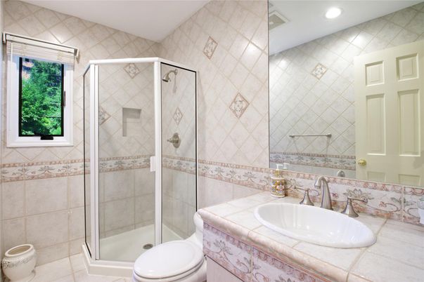 Bathroom, Glass Shower, Interior, Recessed Lighting, Tile Countertops
