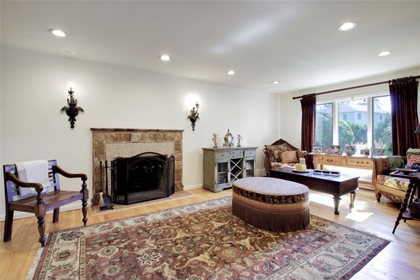 Fireplace, Interior, Recessed Lighting, Wood Texture Flooring