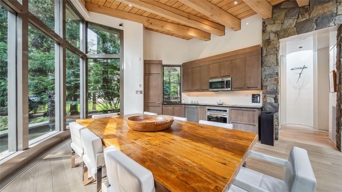 Dining room, Interior, Kitchen, Recessed Lighting, Stainless Steel Appliances, Stone Walls, Wooden Beams, Wooden Ceilings, Wood Texture Flooring