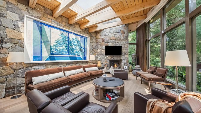 Fireplace, Interior, Living room, Recessed Lighting, Stone Walls, Wooden Beams, Wooden Ceilings, Wood Texture Flooring