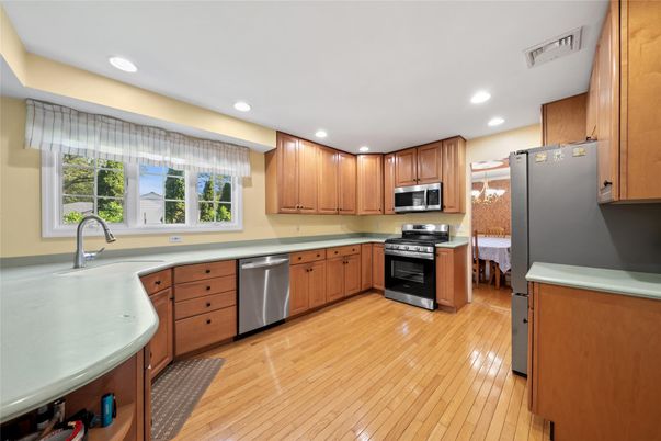 Interior, Kitchen, Recessed Lighting, Stainless Steel Appliances, Wood Texture Flooring