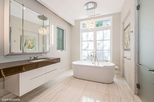 Bathroom, Dual Sink Vanities, Free Standing Baths, Interior, Pendant Lights