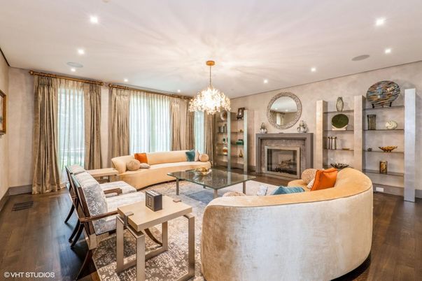 Chandelier, Fireplace, Interior, Living room, Recessed Lighting, Wood Texture Flooring