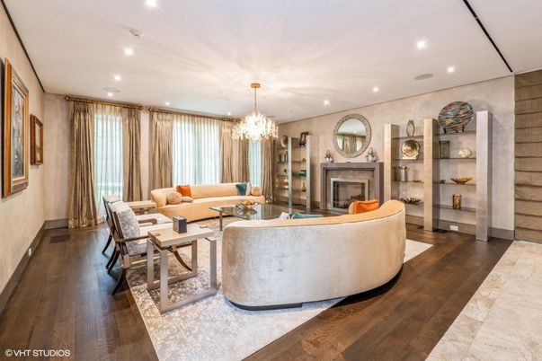 Chandelier, Fireplace, Interior, Living room, Recessed Lighting, Wood Texture Flooring