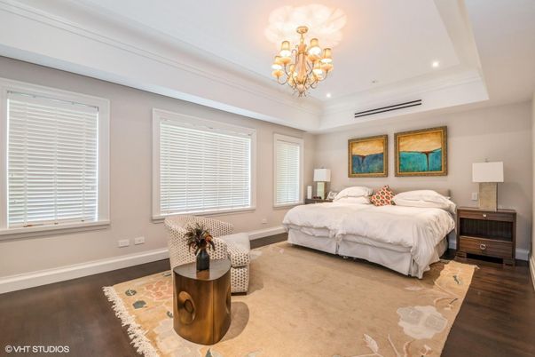 Bedroom, Chandelier, Interior, Recessed Lighting, Wood Texture Flooring