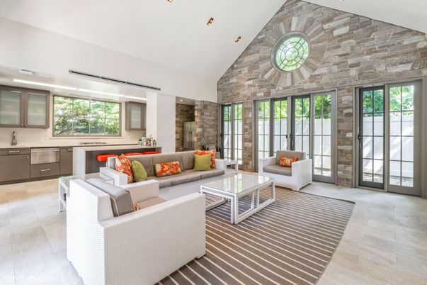 Interior, Living room, Recessed Lighting, Stone Walls, Wood Texture Flooring