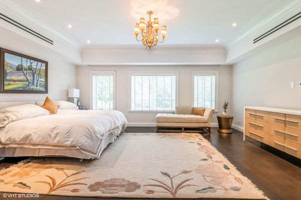 Bedroom, Chandelier, Interior, Recessed Lighting, Wood Texture Flooring