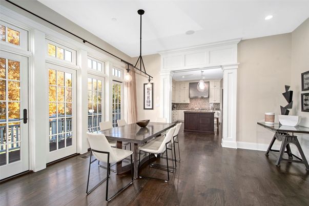 Dining room, Interior, Pendant Lights, Recessed Lighting, Wood Texture Flooring