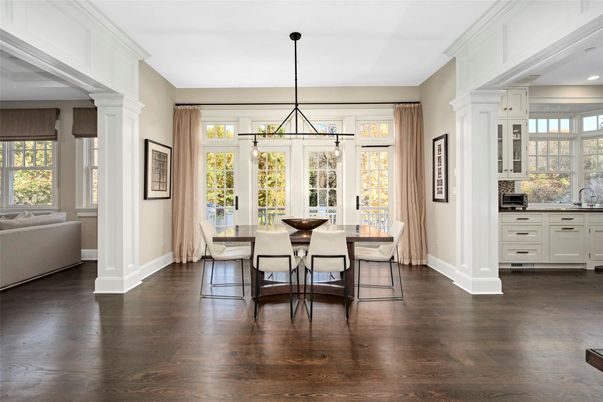 Dining room, Interior, Pendant Lights, Recessed Lighting, Wood Texture Flooring