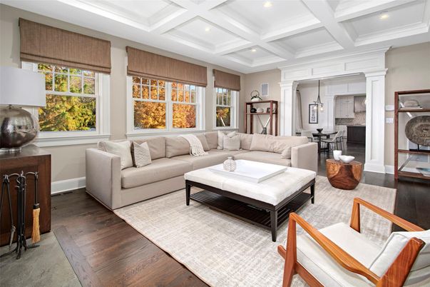 Dining room, Interior, Living room, Pendant Lights, Recessed Lighting, Wood Texture Flooring
