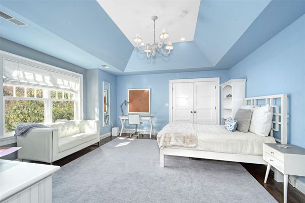 Bedroom, Chandelier, Interior, Recessed Lighting, Wood Texture Flooring
