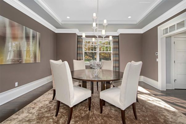 Dining room, Interior, Pendant Lights, Recessed Lighting, Wood Texture Flooring