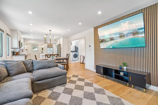 Dining room, Interior, Kitchen, Living room, Pendant Lights, Recessed Lighting, Wood Texture Flooring