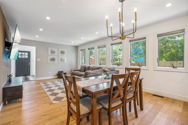 Dining room, Interior, Living room, Pendant Lights, Recessed Lighting, Wood Texture Flooring