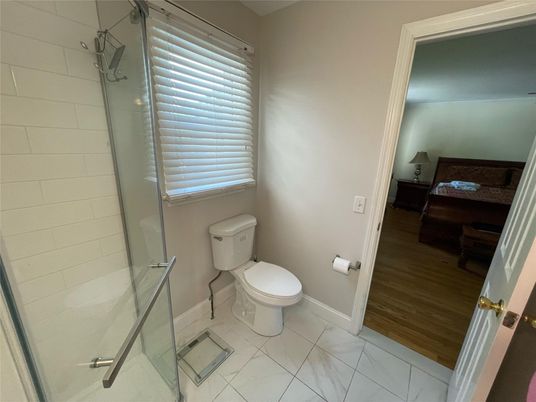 Bathroom, Glass Shower, Interior, Marble, Wood Texture Flooring
