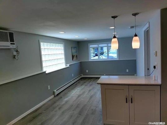 Empty room, Interior, Kitchen, Pendant Lights, Recessed Lighting, Wood Texture Flooring