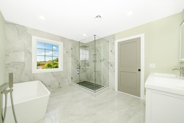 Bathroom, Free Standing Baths, Glass Shower, Interior, Marble, Marble Walls, Recessed Lighting