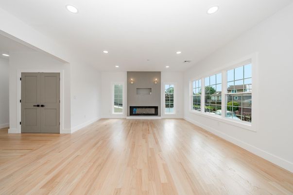 Empty room, Fireplace, Interior, Recessed Lighting, Wood Texture Flooring