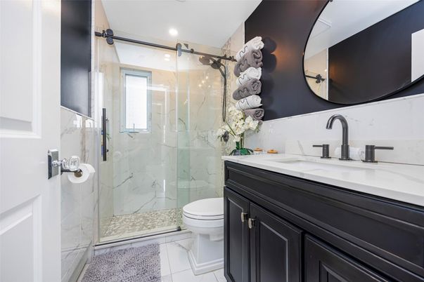 Bathroom, Glass Shower, Interior, Marble Walls, Recessed Lighting