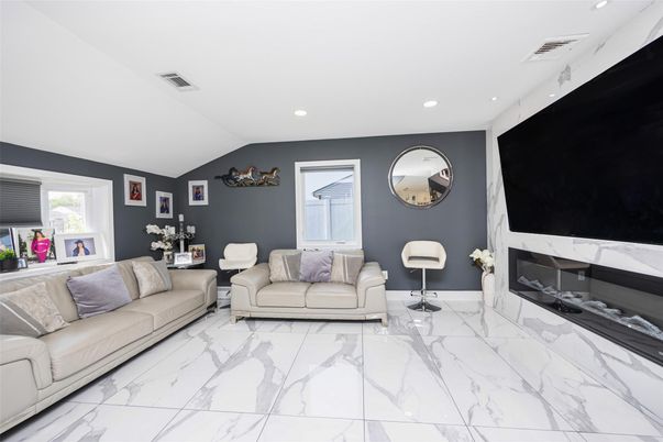 Fireplace, Interior, Living room, Marble, Recessed Lighting