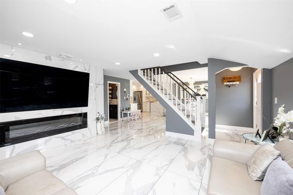 Fireplace, Interior, Living room, Marble, Recessed Lighting