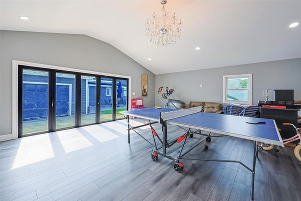 Chandelier, Game Room, Interior, Recessed Lighting, Wood Texture Flooring