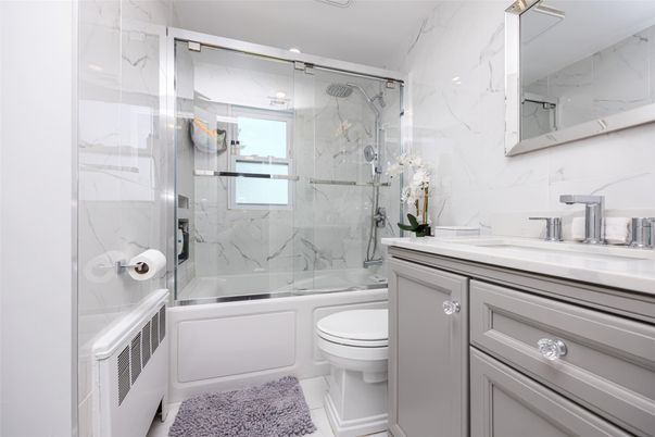 Bathroom, Glass Shower, Interior, Marble Walls, Recessed Lighting