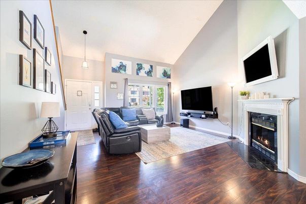 Fireplace, Interior, Living room, Pendant Lights, Wood Texture Flooring