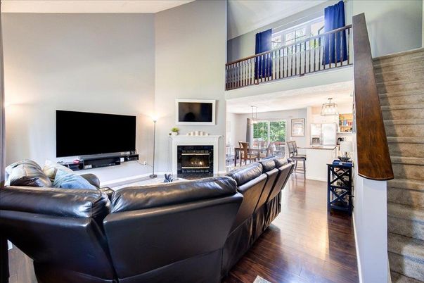 Dining room, Fireplace, Interior, Living room, Pendant Lights, Wood Texture Flooring