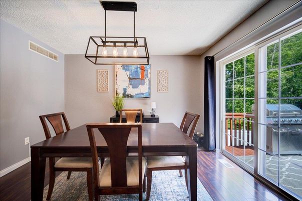 Dining room, Interior, Pendant Lights, Wood Texture Flooring