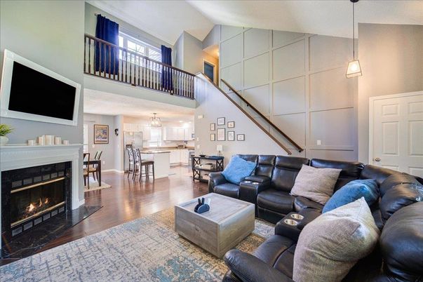 Dining room, Fireplace, Interior, Living room, Pendant Lights, Wood Texture Flooring