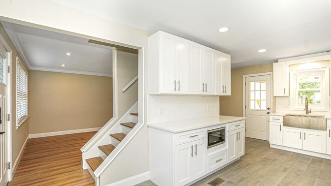 Interior, Kitchen, Recessed Lighting, Wood Texture Flooring