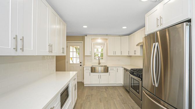 Interior, Kitchen, Recessed Lighting, Stainless Steel Appliances, Wood Texture Flooring