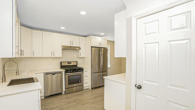 Interior, Kitchen, Recessed Lighting, Stainless Steel Appliances, Wood Texture Flooring