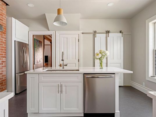 Interior, Kitchen, Pendant Lights, Recessed Lighting, Stainless Steel Appliances, Stone Walls