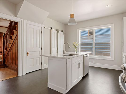 Interior, Kitchen, Pendant Lights, Recessed Lighting, Wood Texture Flooring