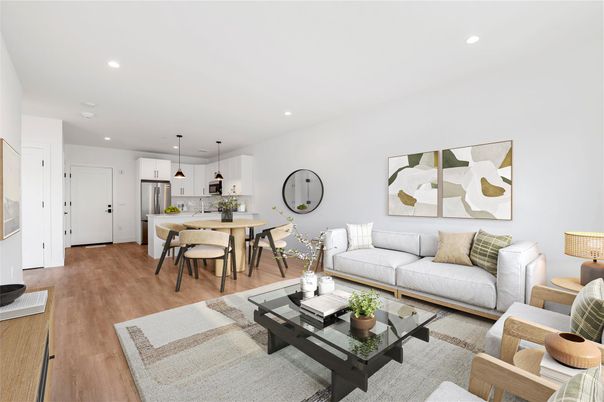 Dining room, Interior, Kitchen, Living room, Pendant Lights, Recessed Lighting, Stainless Steel Appliances, Wood Texture Flooring