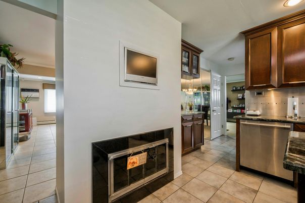 Fireplace, Interior, Kitchen, Recessed Lighting, Stainless Steel Appliances